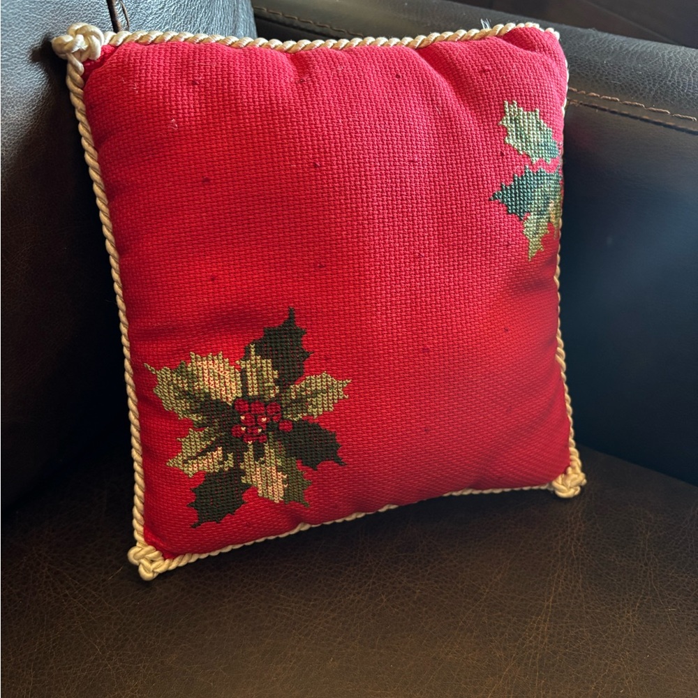Vintage Poinsettia Cross Stitch Christmas Pillow